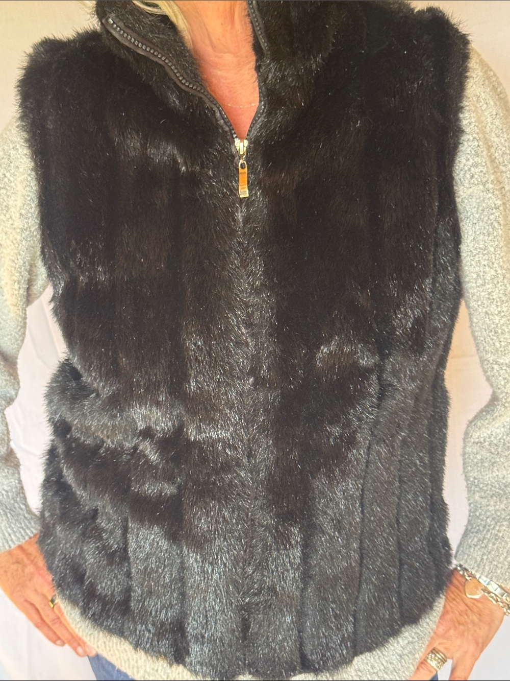 Women's Black Faux Fur Zip-Front Vest